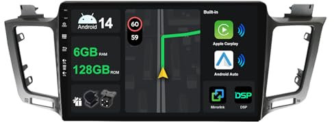 10.1 [6G+128G] Android 14 Radio Coche para Toyota RAV4 2013-2018 con Carplay|Android Auto|DSP|Mirror Link-GPS Navi Navegador Radio con Bluetooth 5.0/WiFi/4G/FM/360 AHD Cámara