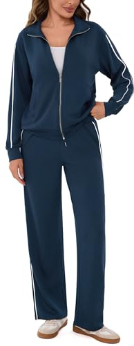 Terecey Jogginganzug Damen Trainingsanzug Mit Streifen Und Zipper Jacke | 50 % Viskose 45 % Polyester Und 5 % Elastan, Regular Fit Mit Streifen Design, Ideal Für Laufen Training Alltag Und Reisen.