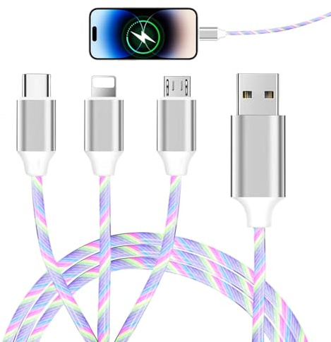 Light Up Charging Cable Led 3 in 1,1 PCS Multicolour Visibility Flowing LED Lights Charger Cable Nylon Braided with Micro USB Type C iPhone Connector for iPhone, Android, Huawei,Kindle,PS4