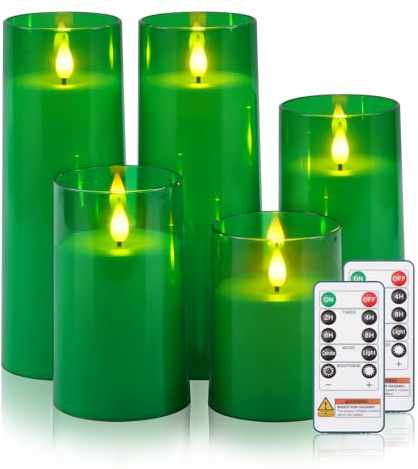 Raycare Battery Operated Flameless Pillar Candles with Remote Timer, Green | LED Acrylic Festive Ambience Candle with Realistic Glow for Christmas Trees, Tables, Seasonal Parties, Family Gifts, Set of 5