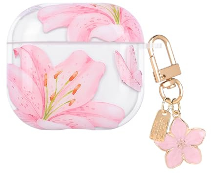 DiyGody Transparent Case Compatible for Airpods 4th Generation 2024 with Flower Pendant, Cute Cover with Pink Lily Flower Pattern for Girls, Protective Case in Shockproof Anti-scratches Anti-slip TPU