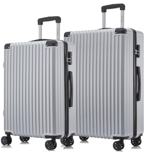 YONSLY Trolley Reisekoffer Suitcase Set, Rollkoffer Handgepäck, Kofferset, Gepäckset Hartschalenreisekoffer mit 4 Rollen 360°, Zahlenschloss, Weicher Gummigriff (2er Set, L&XL, Silber)