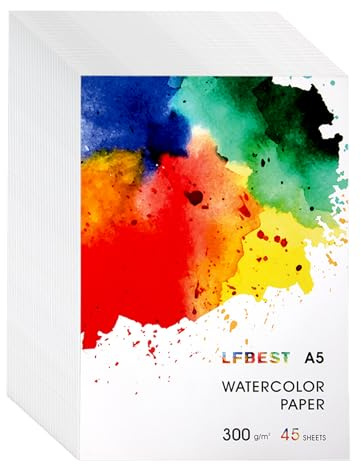LFBEST Akvarellpapper A5, 45 ark vitt akvarellpapper 300 g/m², akvarellblock för DIY hantverk, akvarellfärger, akrylmålning, målning och utmålning, studenter lärare konstnärer