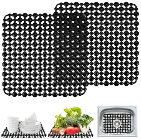 YAZWUR 2er-Pack Spülbeckeneinlage Selbst Zugeschnittene Spülbeckenmatte für Küchenspülen, Schnell Ablaufende Spülbecken Matte für Geschirr, Glaswaren, Gemüse (28 x 28 cm) (Schwarz)