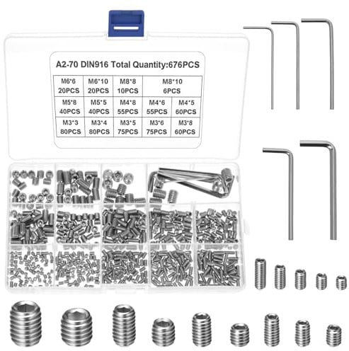 QWORK® 676 Stück Madenschrauben Set M3 M4 M5 M6 M8 – 304 Edelstahl Gewindestifte Sortiment mit Innensechskant für Türgriff, Wasserhahn & Lampen