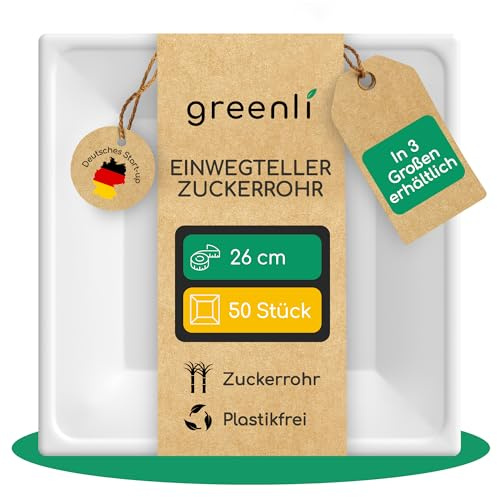 greenli® Einwegteller aus Zuckerrohr – 26 x 26 cm, 50 Stück – Plastikfrei – In 3 Größen erhältlich (16 x 16, 20 x 20, 26 x 26 cm) – Die stabile Alternative zu Papptellern