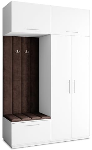 Masseno Flugarderoben Set Rema, Kleiderschrank-Set mit Sitzbank, Garderobenschrank Flur mit 5 Regalböden, Weiß