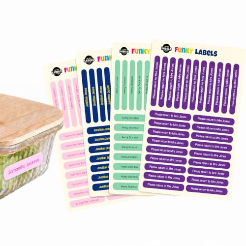 Funky Labels Personalised Mini Name Labels – 100 Waterproof Stickers – Custom Name Tags for Office Supplies, Glasses, EpiPens, Pencils, Chargers & School Stationery – Great for Shared Items