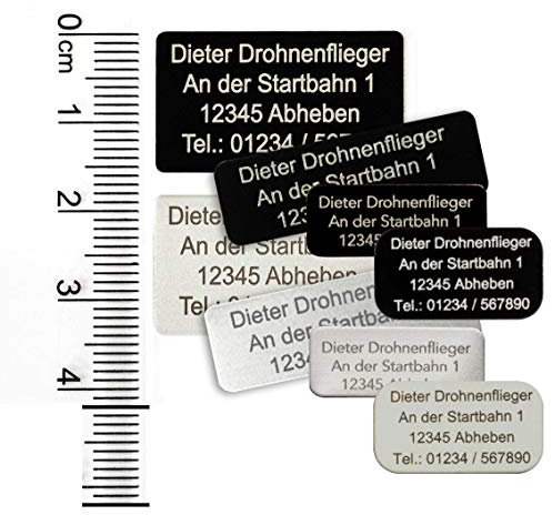 MJ Drohnen-Kennzeichen, Namensschild oder mit ab 2021 geforderte e-ID, bis zu 4 Zeilen, 28x16mm, Alu eloxiert Silber, selbstklebend