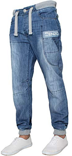 Enzo Herren-Jogginghose, Denim, mit Bündchen, Twill-Hose, Blau, 44W / 32L