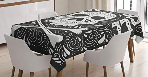 ABAKUHAUS Rock'n'Roll Tischdecke, Gothic Aufwändiger Schädel, Für den Inn und Outdoor Bereich geeignet Waschbar Druck Klar Kein Verblassen, 140 x 170 cm, Charcoal Grau und Weiß