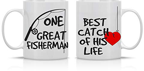 AW Fashions One Great Fisherman, Best Catch Of His Life Couples Mug - Funny Couple Mug - (2) 11OZ Coffee Mug - Funny Mug Gift Set - Mugs For Husband and Wife - Him And Her Gifts - By