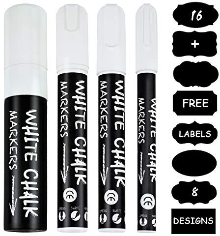 Pennarelli Gesso Liquido, UlifeME Pennarello Bianco Gesso Cancellabili 3mm, 6mm, 10mm e 15mm per Lavagna & Vetro, 4 Pezzo Gessi Liquidi Bianca - Fine, Magro e Grande Punta + 16pcs Etichette di Lavagna