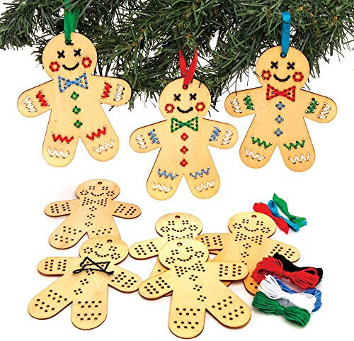 Baker Ross AT187 Gingerbread Wooden Decoration Kits, Cross Stitch for Beginners and for Kids Arts and Crafts Projects (Pack of 5), Assorted