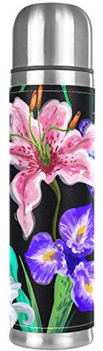 Bouteille d'eau isotherme en acier inoxydable avec motif de fleurs iris et lys 500 ml pour le bureau, l'école, les voyages