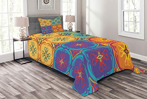 ABAKUHAUS orientalisch Tagesdecke Set, Patchwork Orient Squares, Set mit Kissenbezügen Waschbar, für Einzelbetten 170 x 220 cm, Mehrfarbig