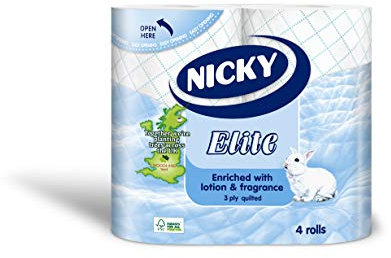 Nicky Elite Toilet Roll Tissue Enriched with Lotion and Fragrance Blue 3 Ply Quilted - 10 Pack x 4 Rolls (Total 40 Rolls)
