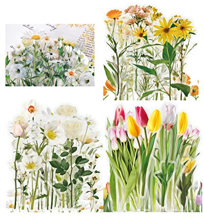 Scrapbooking Aufkleber, 120 Stück Blumen Sticker Vintage Transparente Aufkleber für Fotoalbum Sammelalbum Notizbuch Tagebuch Laptops DIY Dekoration
