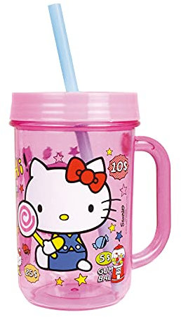 FUN HOUSE HELLO KITTY RETRO FOOD 005998 Kinderbecher/Trinkbecher Strohhalm 390 ml, rosa