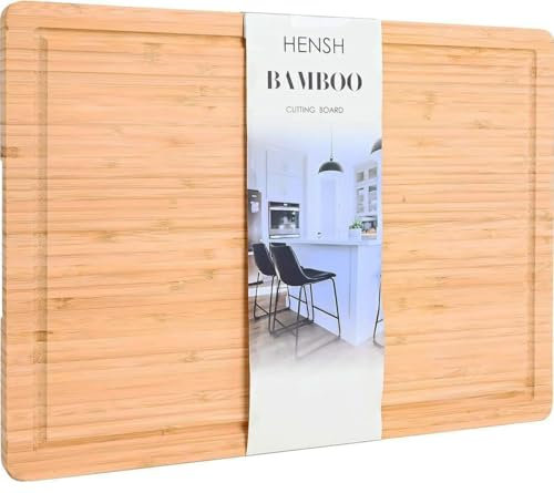 Premium Organic Bamboo Chopping Board by Hensh. Medium Size Cutting Board 40cm x 30cm x 2cm. Best for Meat, Vegetables and Cheese. Professional Grade for Durability.
