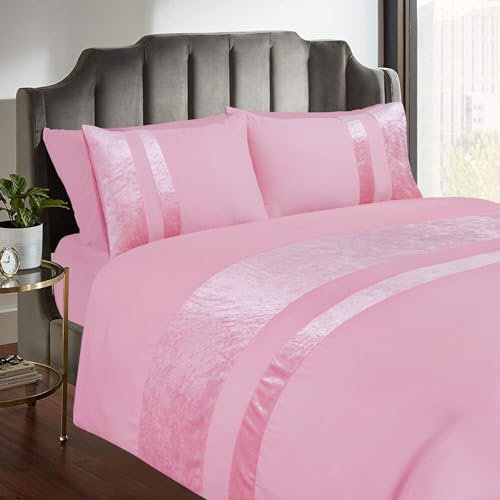 Casabella Luxury Crushed Velvet Panel Band Duvet Cover Sets with Pillow Case King Size Duvet Cover Bedding Set – Pink Crush Velvet King Duvet Cover Sets