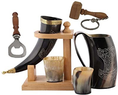 Viking Corne de bœuf | Chope | Tasse | Tasse pour bière, hydromel, vin, verre à liqueur, décapsuleur | 100 % sans fuite | Naturel et fait à la main | Offres combinées (1 corne avec support en bois)