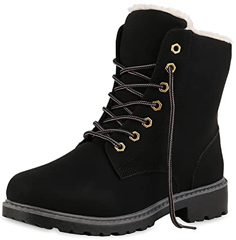 VAN HILL Warm Gefütterte Worker Boots Damen Outdoor Stiefeletten Robust 124552 Schwarz 40