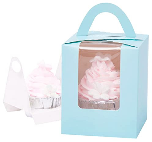 Gbateri 60 Pack Individual Cupcake Boxes with Handle,Blue Single Cupcake Box with Window, Single Muffin Box, Single Cupcake Container Gift Boxes,Mini Cake Carrier for Party Favor Cookies