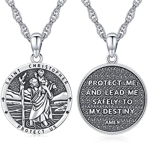 Eusense Heiliger Christophorus Anhänger Silber 925 St Christopher Medaille Kette Saint Christoph Halskette Schmuck Religiöser Amulett für Herren Damen