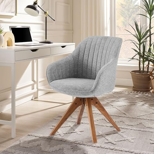 Zouron Drehstuhl Esszimmer, Sessel Grau Leinen Polsterstuhl Armlehnstuhl Küchenstuhl Massivholzbeine bis 130kg Belastbar Sitzfläche 43x43cm (Grau-Massivholzbeine-1 St.)