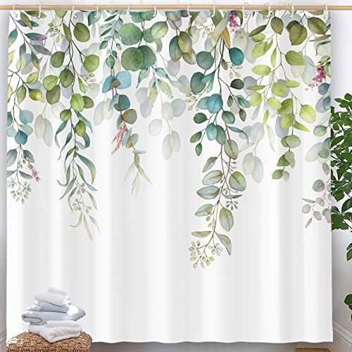 Zussun Duschvorhang mit grünem Eukalyptus, Aquarell, Blaugrün, Pflanze, Blatt, Badezimmer, Duschvorhänge, wasserdichter Stoff, botanische Blume, Blumenmuster, Badvorhang mit Haken (183 x 183 cm, grün)