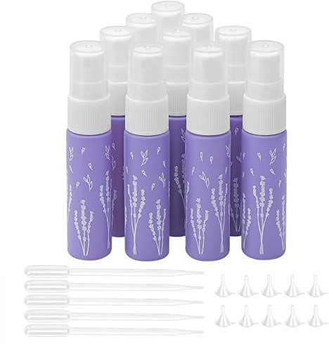 Unxuey 10pcs 10ml Purple Perfumes Spray Bottles, Dispenser Atomizer, Glass Empty Tube Travel Size Refillable Sample Container for Various Water-based Liquids with 10 Funnels+5 Droppers