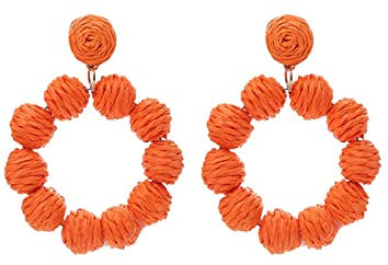 Rattan Ohrringe Rattan Ball Ring Anhänger Ohrringe für Frauen handgemachte Ohrringe aus Stroh Rattan Raffia Ohrringe Summer Beach Accessories Geschenke Perlenjacke Ohrringe (Orange, One Size)