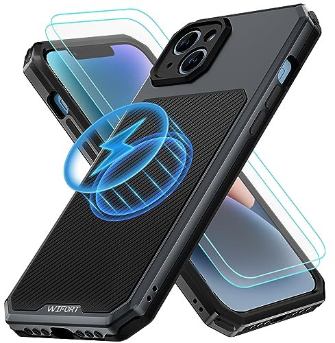 WIFORT for iPhone 14 Case Compatible with MagSafe, Military-Grade Protection & 2 Screen Protector 360 Full Body Shockproof Metal Frame Protective Phone Cover for iPhone 14 6.1'',Black