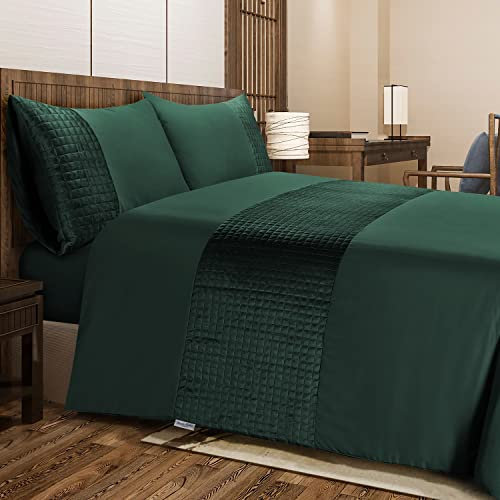 Bronwen Mathews Super King Duvet Cover Soft Microfibre with Quilted Square Velvet Band Quilt Cover and 2 Pillowcases, Easy Care Super King Bedding Set of 3 Pcs (Bottle Green, Super King)