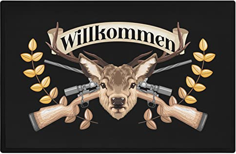 Trendation - Willkommen Fußmatte Grafik Schmutzfangmatte Geschenk Außen Innenbereich 60x40 cm Waschbar Türmatte Jäger REH