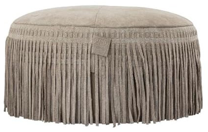 Vintagehaus Hocker Leder Carla Pouf in Zwei Farben mit Fransen 50 cm Ø (Taupe)