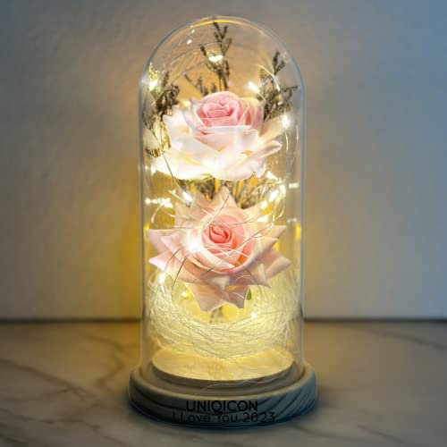 Geschenke zum Hochzeitstag Valentinstag, Personalisierte Rose Lampe, Galaxy Rose Blume Geschenk, Ewige Ros mit LED-Licht in Glaskuppel auf Holzsockel, Einzigartiges Geschenk für Frauen, Mama, Freundin