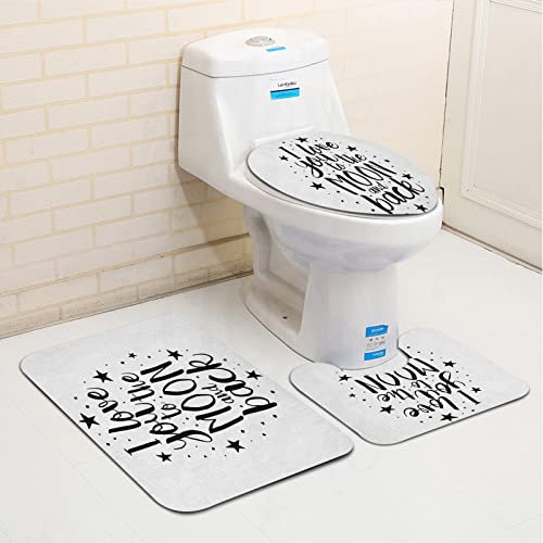 3 teiliges rutschfest Badematten Set,I Love You Romantic I Love You to the Moon and Back Lifestyle Words Print, W,U-FöRmige Duschvorleger super weich, schnell trocknend WC-Garnitur rutschfest Teppich