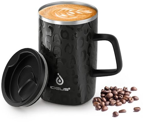 Ideus® Kaffeebecher 470 ml (16 oz), doppelwandige vakuumisolierte Kaffee- und Teetasse aus Edelstahl mit rutschfestem Griff und Schiebemoduldeckel und großem Volumen (Leapord Schwarz)
