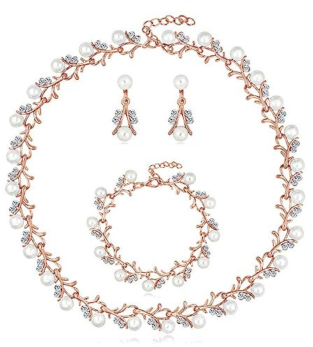Loutade Braut Schmuckset für Damen, Glitzernde Kristall Perlen Hochzeit Schmuck Sets, Rose Gold Halskette Ohrhänger Armband Set mit Perlen & Strass Kristall, Braut Brautjungfer Schmucksets für Frauen