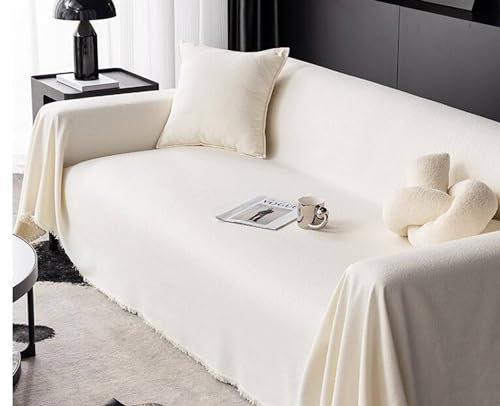 Mesnt Sofabezug Decke, Cremeweiß Waschbar Sofa Protection Cover Schonbezug Couch Einfarbig mit Fransen aus Polyester, 180x380cm