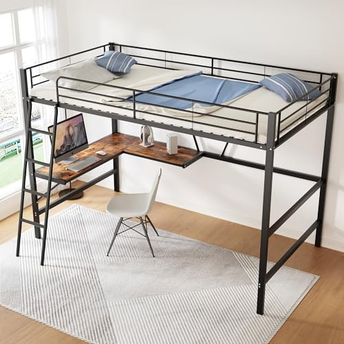 Moimhear 90x200cm Bettgestell Metallbett, Eisenbett, Hochbett mit L-förmigem Schreibtisch und einem Regal für Kinder, Jugendliche und Erwachsene (Schwarz)