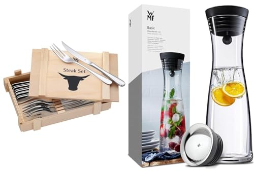 WMF Steakbesteck 12-teilig, Steakbesteck Set für 6 Personen, Steakmesser Set, Steakgabel & Basic Wasserkaraffe aus Glas, 1 Liter, Glaskaraffe mit Deckel, Silikondeckel, CloseUp-Verschluss