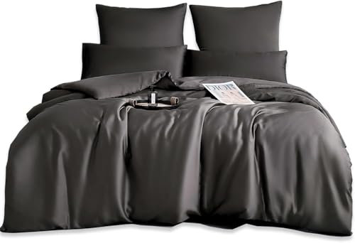 MH MYLUNE HOME 100% Tencel™ Lyocell Bettwäsche-Set 135x200 Eukalyptus Bettwäsche Sommer 2tlg. Atmungsaktiv gegen Schweiß, Hypoallergen, Klimaregulierend, 1 Bettbezug & 1 Kissenbezug 40x80, Dunkelgrau