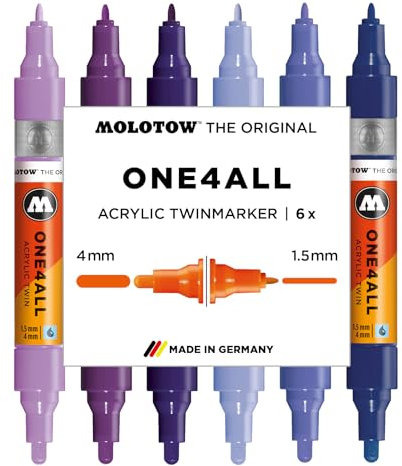 Molotow One4All Acrylic Twin Marker Violet Set (1,5 und 4,0 mm Strichstärke, hochdeckend und permanent, schnell trocknend, nachfüllbar, für fast alle Untergründe) 6 Stück sortiert