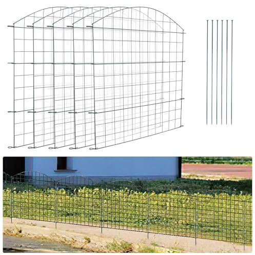 Duisrech Teichzaun Gartenzaun, 44 Stück Set Metall Teichzaun Steckzaun Metallgitter Gartenzäune - 20 Zaunelemente 24 Befestigungsstäbe (Oberbogen), Länge 15 m Metallzaun Grün