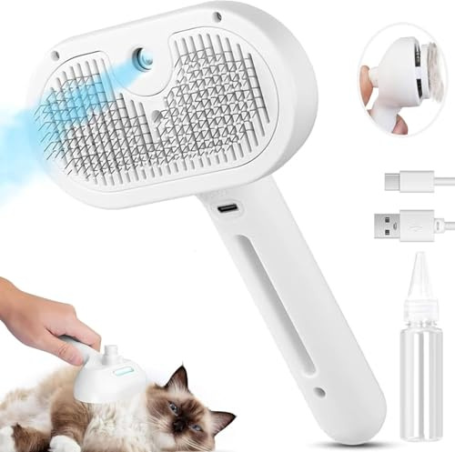 Cat Steam Brush with Release Button - 3 in 1 Rechargeable Pet Steam Brush with Spray Mist for Cats, Dogs, Pets Hair Removal Tool, Puppy, Kitten, Dog Grooming Comb (WHITE, L)