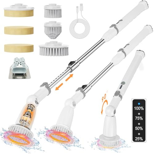 Electric Spin Scrubber, 2024 Upgraded IPX7 Bathroom Scrubber Cleaner, Shower Cleaning Brush with Adjustable & Detachable Handle,Dual Speed Cordless Electric Cleaning4 Brush heads for Clearning-Grey