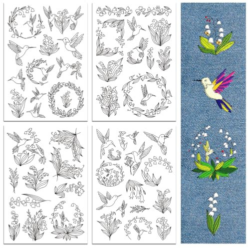 peacoblue Stickvorlagen Wasserlöslich für Anfänger 4 Sheet Kolibri und Blume with 50pcs Muster, Wash Away Stick and Stitch Auflösbares Stickereipapier für Handnähbegeisterte Frauen Erwachsene